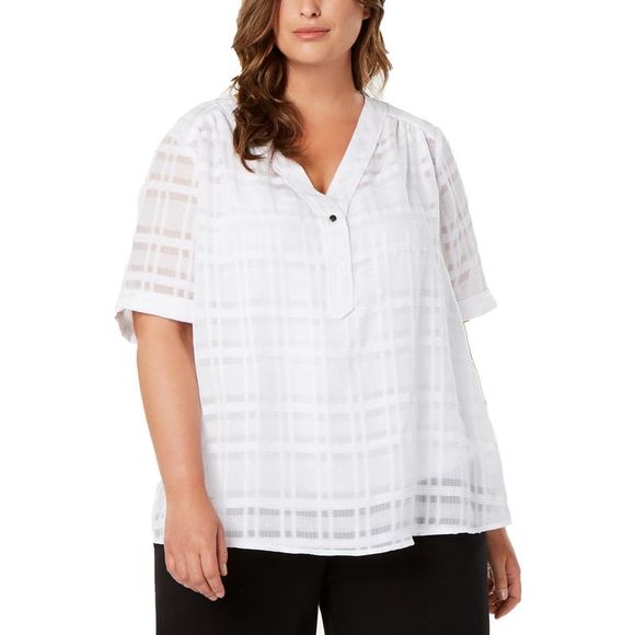 NWT Alfani White Shadow Plaid Button Down Top SZ 2X - Picture 1 of 1